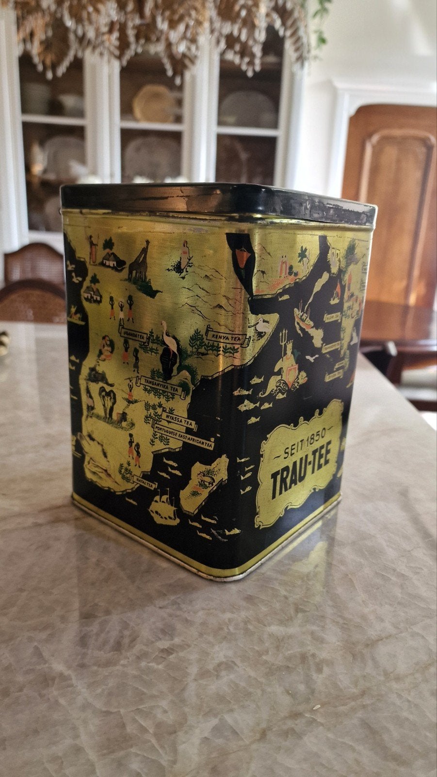 Vintage Trau-Tee theeblik uit de jaren 30 (Zwart/Goud), Verzamelen, Blikken, Ophalen of Verzenden, Gebruikt, Overige