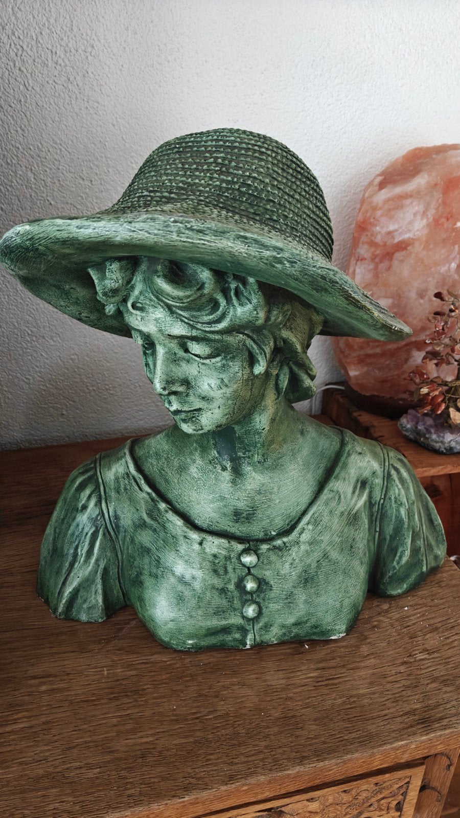 Buste van dame met hoed, groen gepatineerd, Antiek en Kunst, Ophalen, Buste, Gepatineerd, 20 - 50 cm