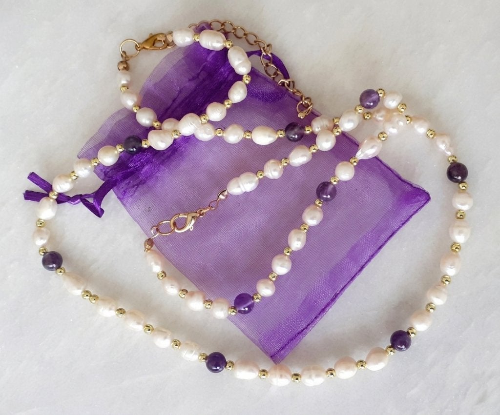 Juwelenset vintage zoetwaterparel met amethist, Sieraden, Tassen en Uiterlijk, Paars, Nieuw, Ophalen of Verzenden, Steen of Mineraal