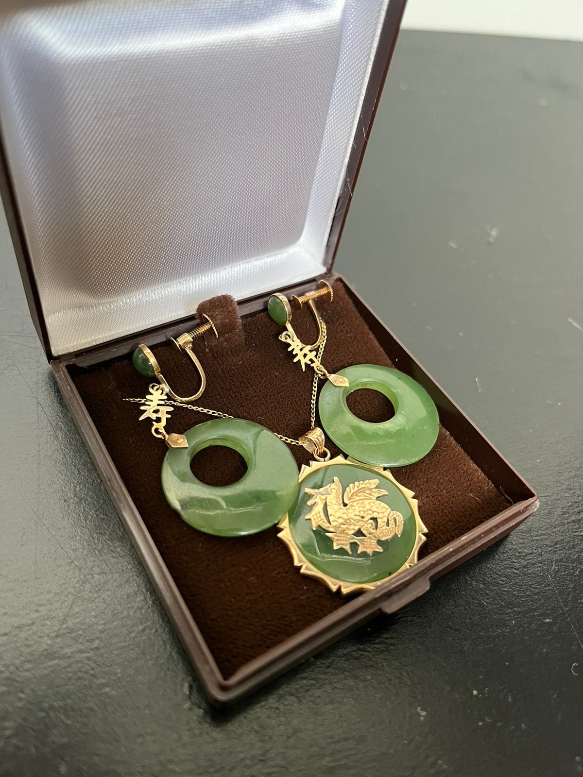 14 karaat (585) gouden Chinese vintage jade set.✨nieuwstaat✨, Met hanger, Verzenden, Nieuw, Goud