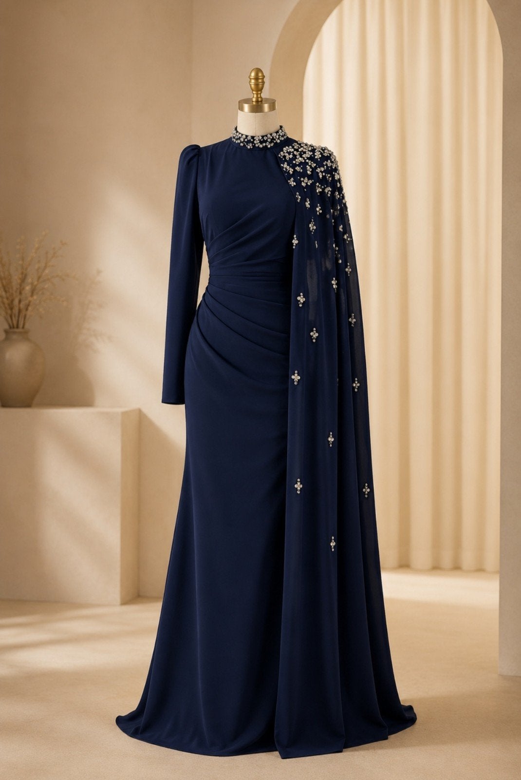 Elegante avondjurk met cape en strass - Donkerblauw, Blauw, Nieuw, Ophalen of Verzenden, Onbekend