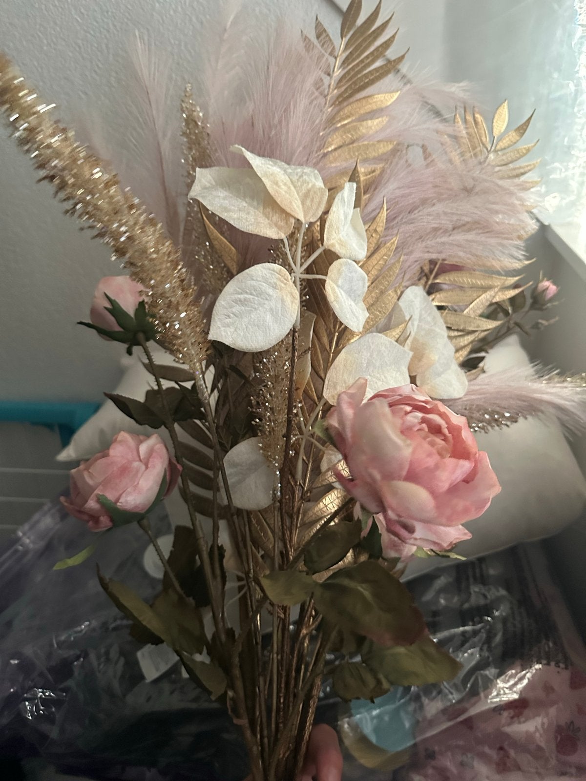 10x Roze Wit Goud Kunsttakjes & Pluimen Boeket, Huis en Inrichting, Binnen, Nieuw, Ophalen of Verzenden, Kunststof