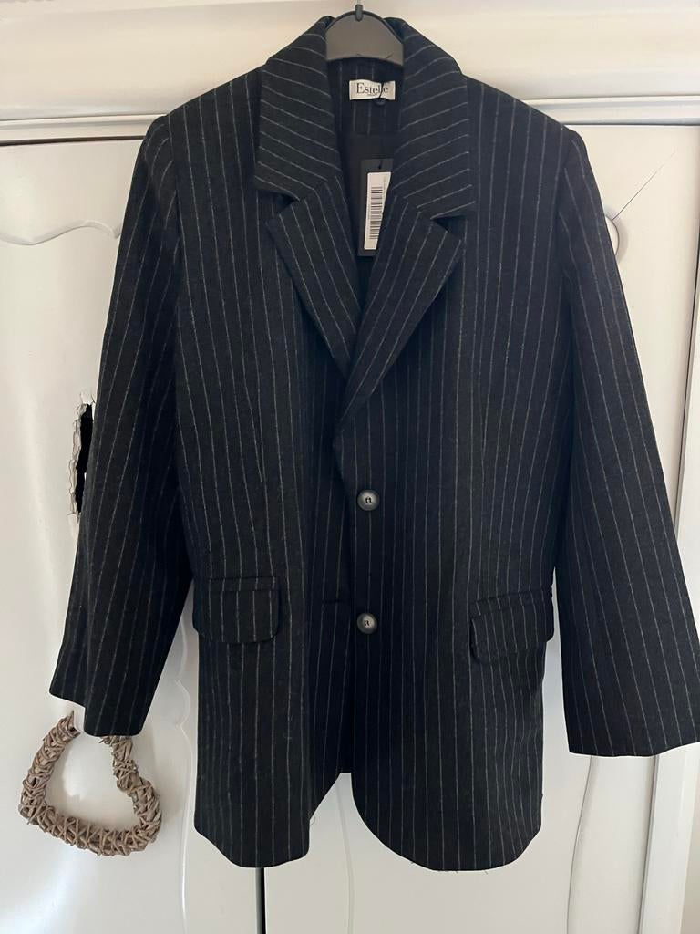 Estelle Gestreepte Blazer - Grijs Antraciet Zwart / Wit, Ophalen of Verzenden, Nieuw, Maat 42/44 (L), Grijs