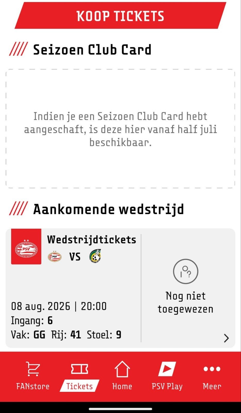 wedstrijd ticket PSV-Fortuna 8 aug 20:00 uur, Losse kaart, Eén persoon