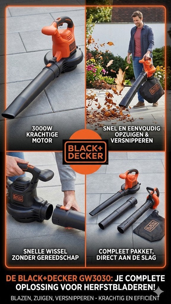 BLACK+DECKER GW3030 Bladblazer & Bladzuiger 3000W, Ophalen, BLACK+DECKER, Met opvangzak, Handgedragen