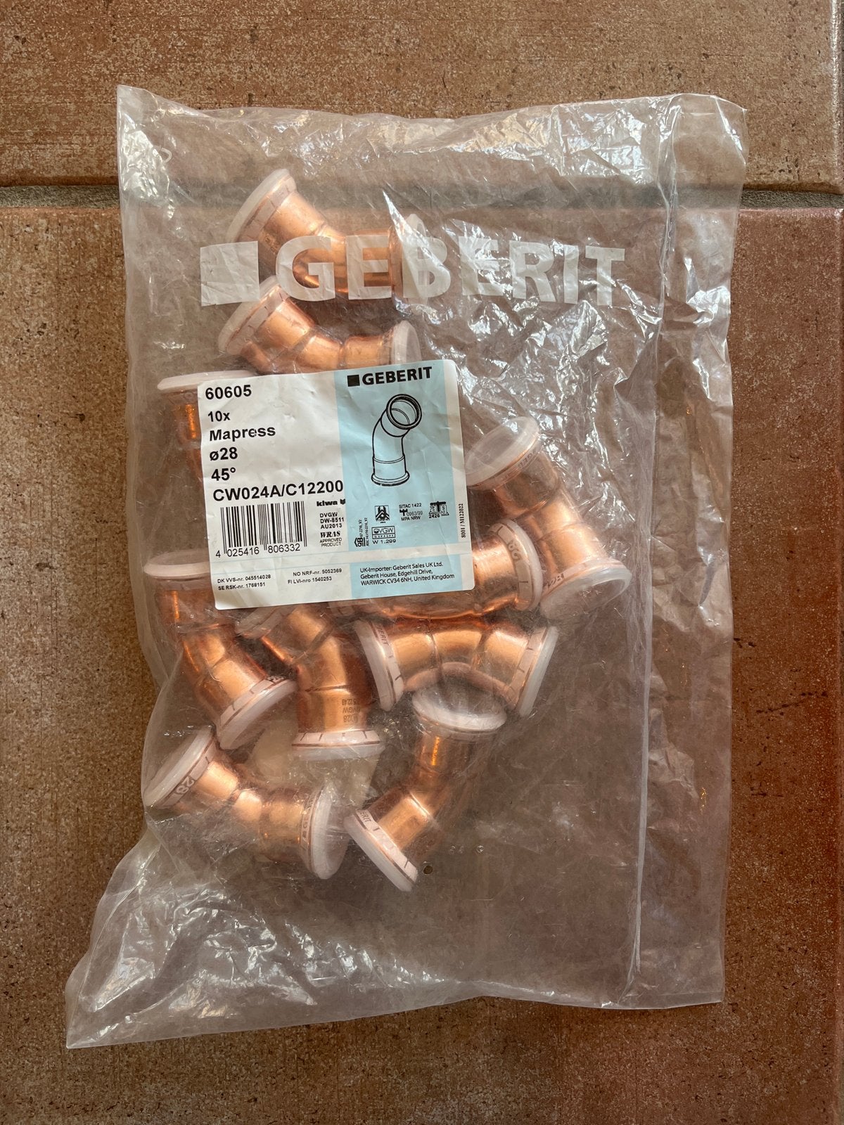 Geberit Mapress Koperen Bochten 28mm 45 (10 stuks), Ophalen of Verzenden, Nieuw, Koper, Overige typen