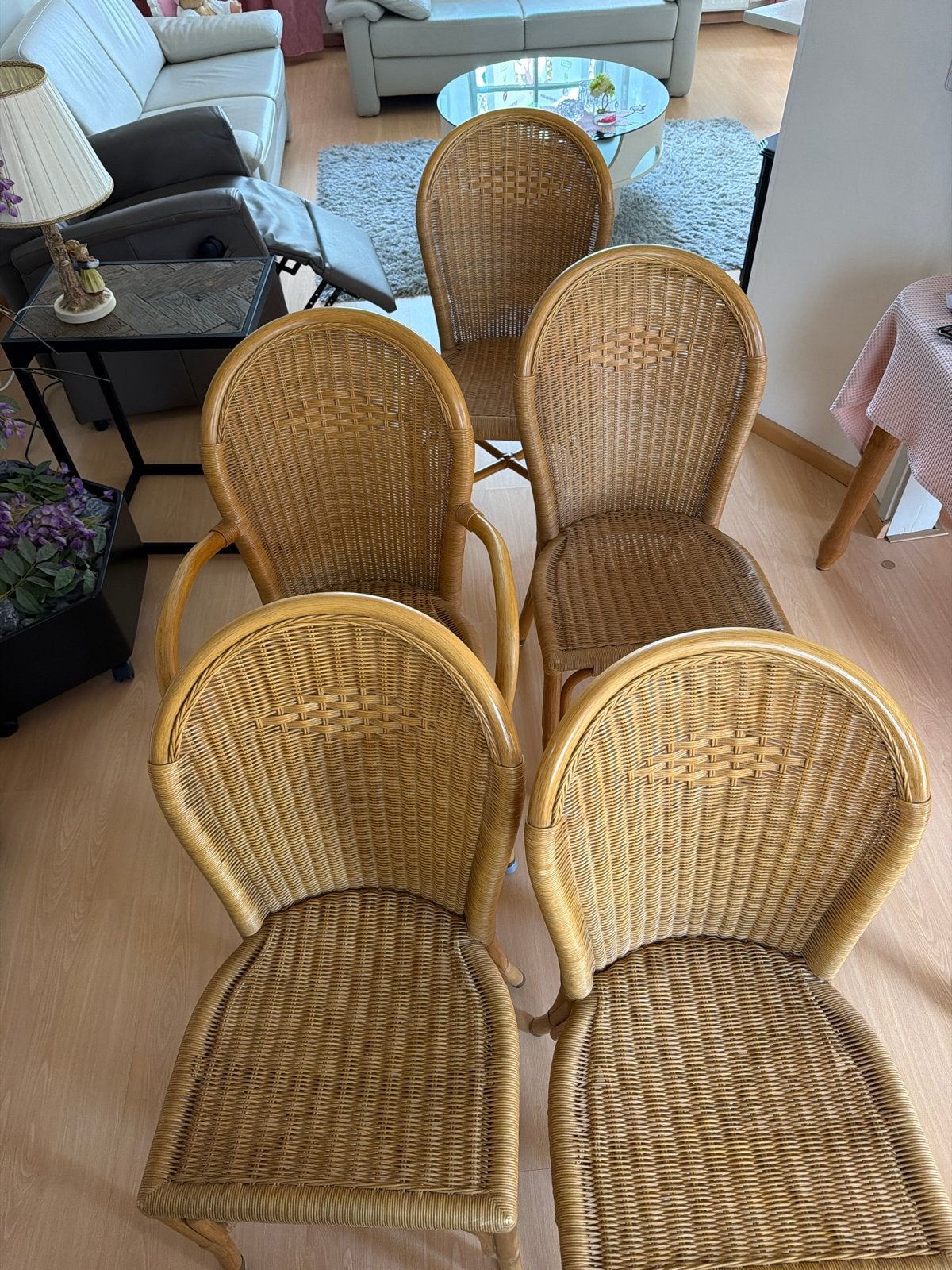 5 rieten stoelen gratis af te halen, Ophalen, Gebruikt, Bruin, Riet of Rotan