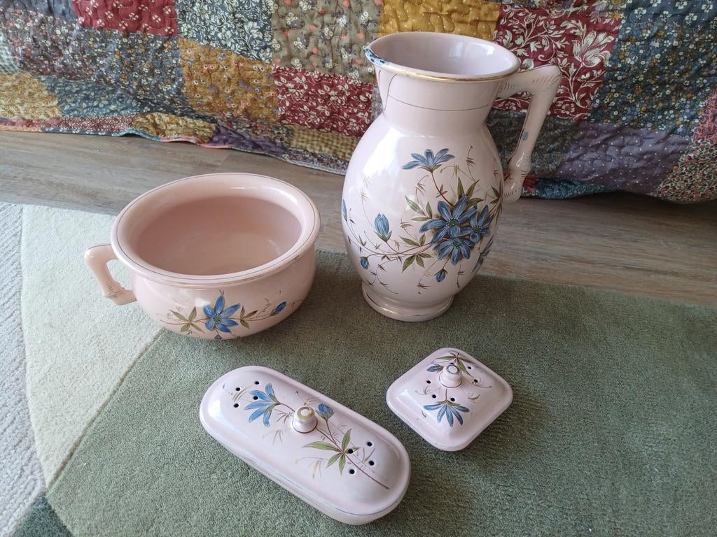 Antieke emaille lampetset met korenbloemen (voor 1910), Ophalen of Verzenden