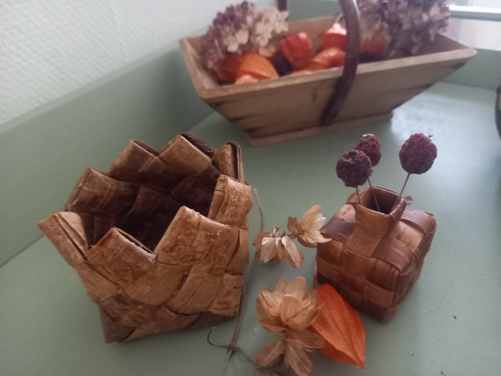 Zweeds berkenbast vlechtwerk: mini mandje en vaasje, Ophalen of Verzenden