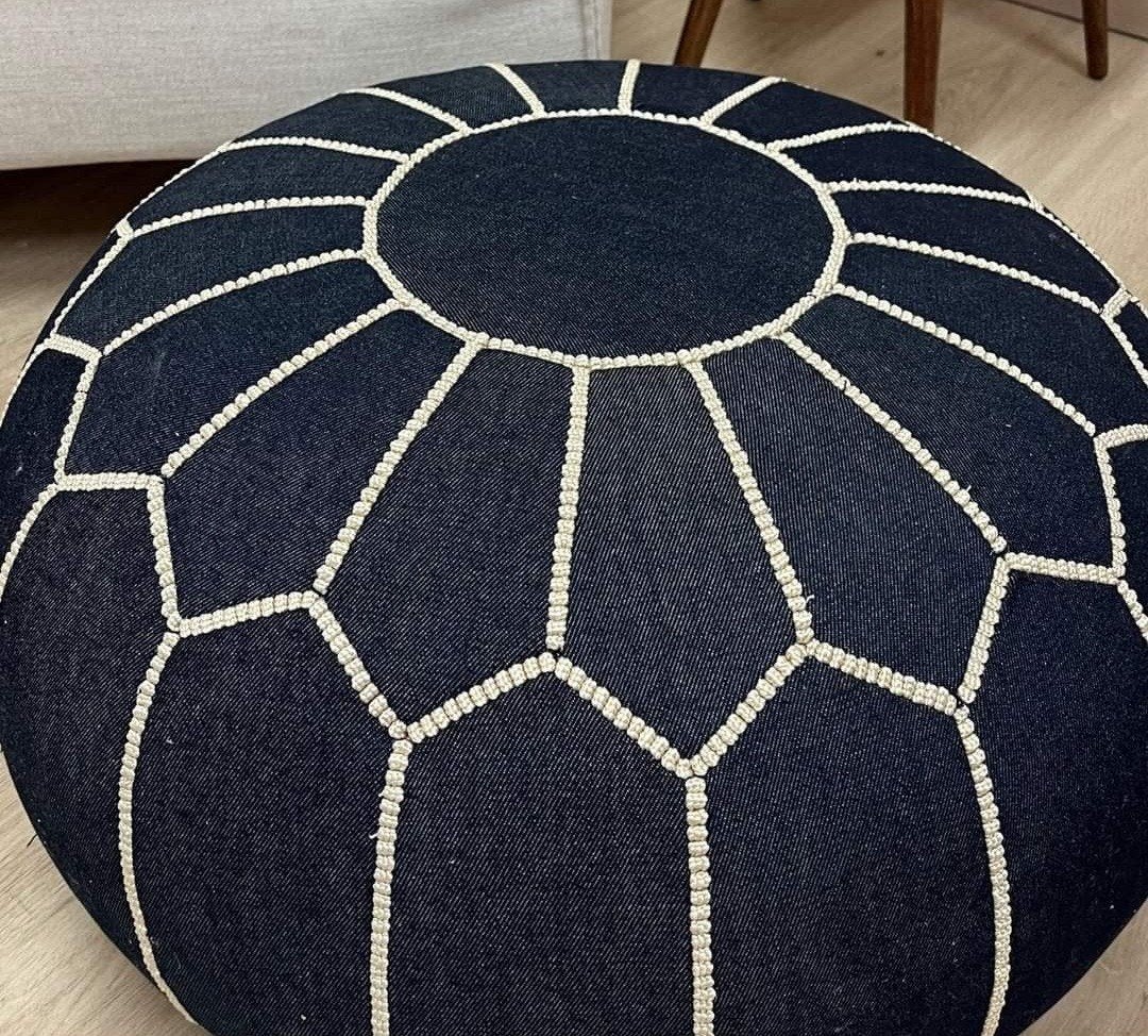 Nieuwe Marokkaanse handgemaakte JEANS poef, gevuld blauw, Minder dan 50 cm, Rond, Nieuw, Minder dan 50 cm