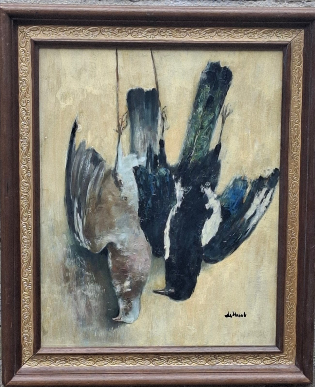 Ekster & Houtduif.  Ca 1850/1900. 53/62 cm. * Zie tekst., Antiek en Kunst, Ophalen, Paneel, Bijzondere lijst, Olieverf