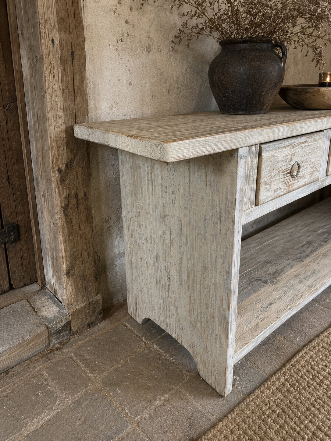 Prachtige robuuste XXL sidetable van oud hout – 240 cm breed, Ophalen, 200 cm of meer, Zo goed als nieuw, 25 tot 50 cm