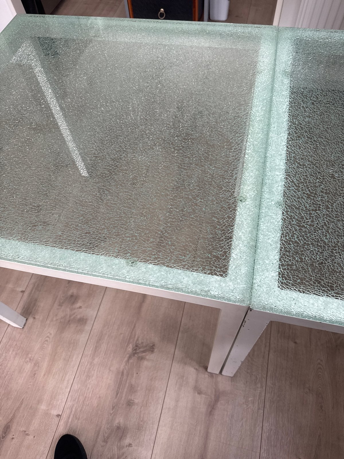 Glazen eettafel met metalen onderstel, Ophalen, Gebruikt, 50 tot 100 cm, Vierkant