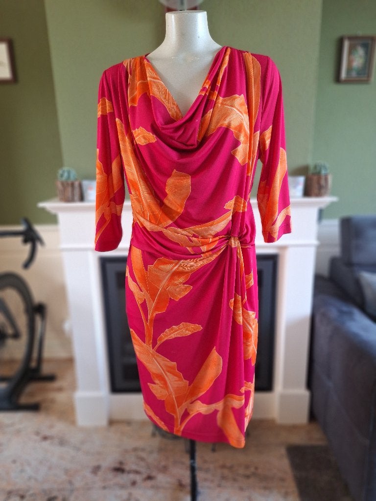 Amania Mo roze oranje waterval hals jurk NL 42 BE 44, Verzenden, Maat 42/44 (L), Zo goed als nieuw, Knielengte