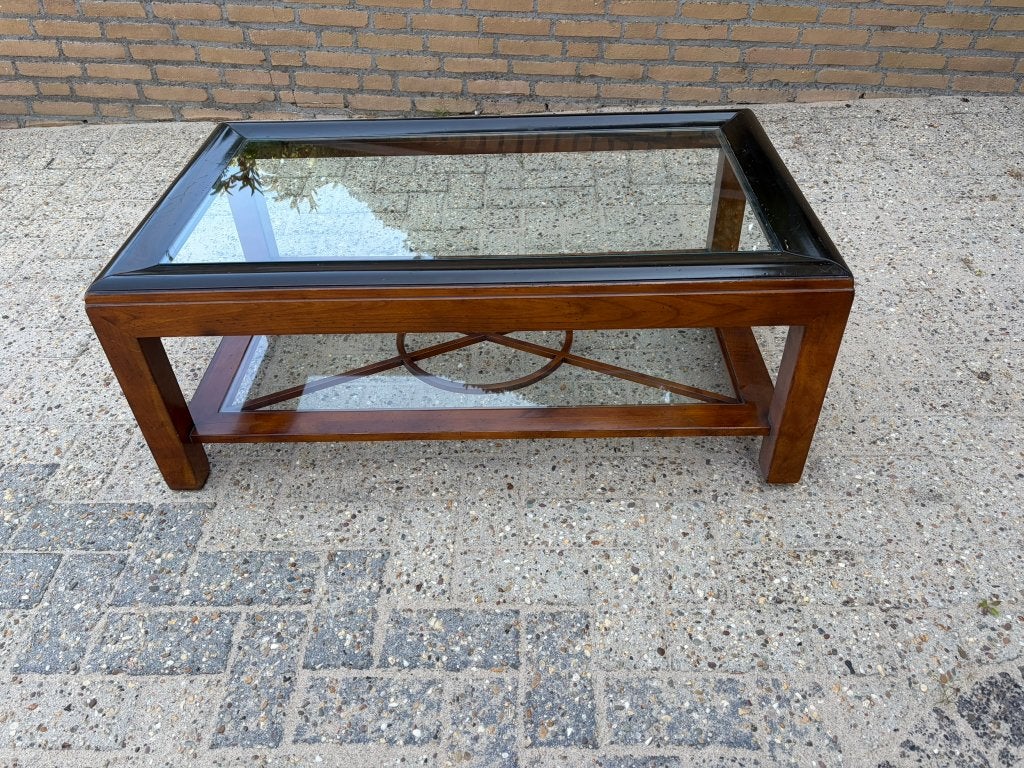 Vintage notenhouten salontafel met 2 glasplaten, Ophalen, Gebruikt, 100 tot 150 cm, Glas