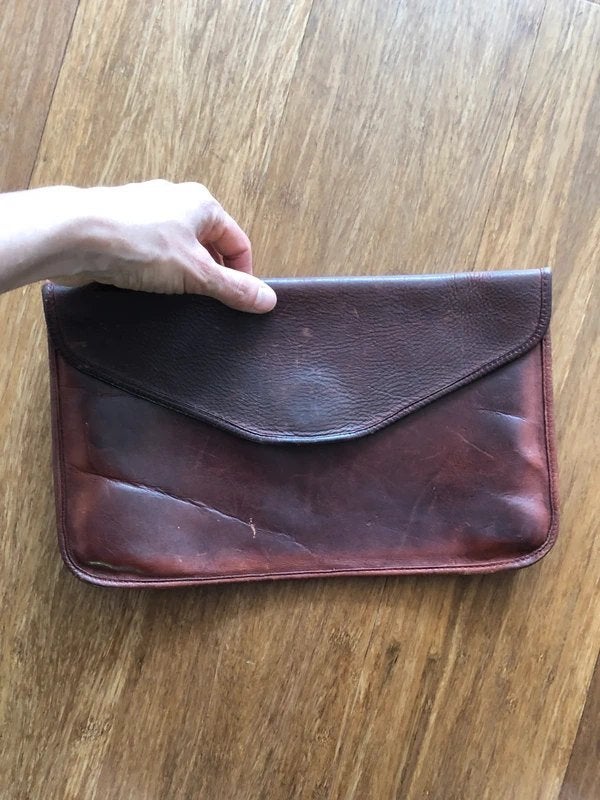 Leren clutch - vintage - 30 x 18 cm, Verzenden, Gebruikt, Bruin, Avondtasje