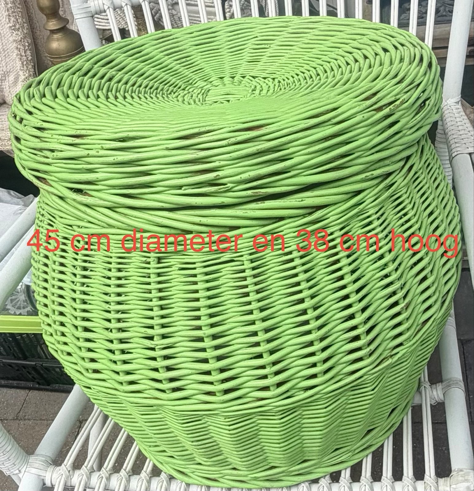 Gevlochten rieten mand met deksel - Groen (45x38 cm), Huis en Inrichting, Gebruikt, Gevlochten, Mand, Rond