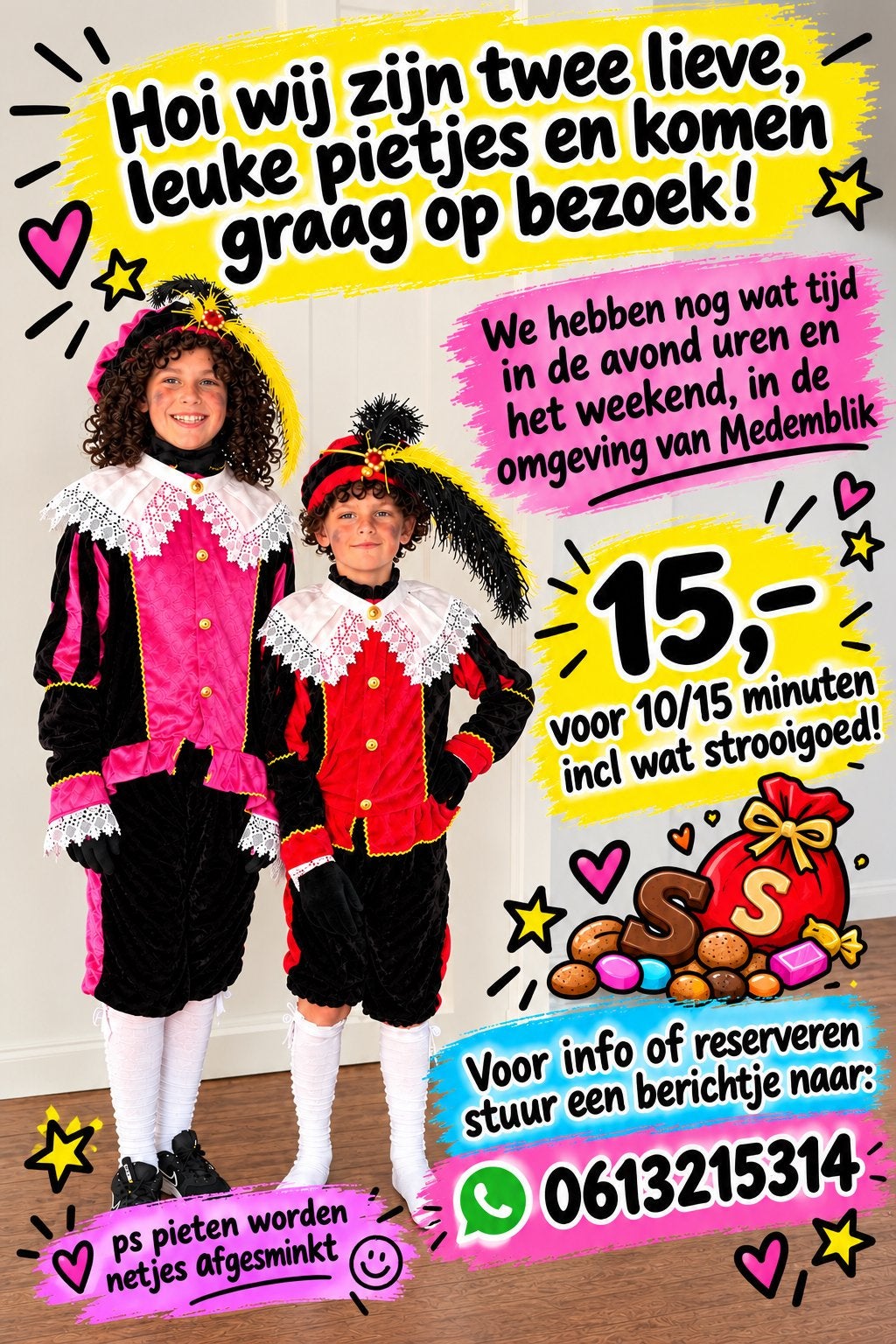 2 pieten komen graag langs op huisbezoek!, Diversen, Ophalen of Verzenden, Zo goed als nieuw