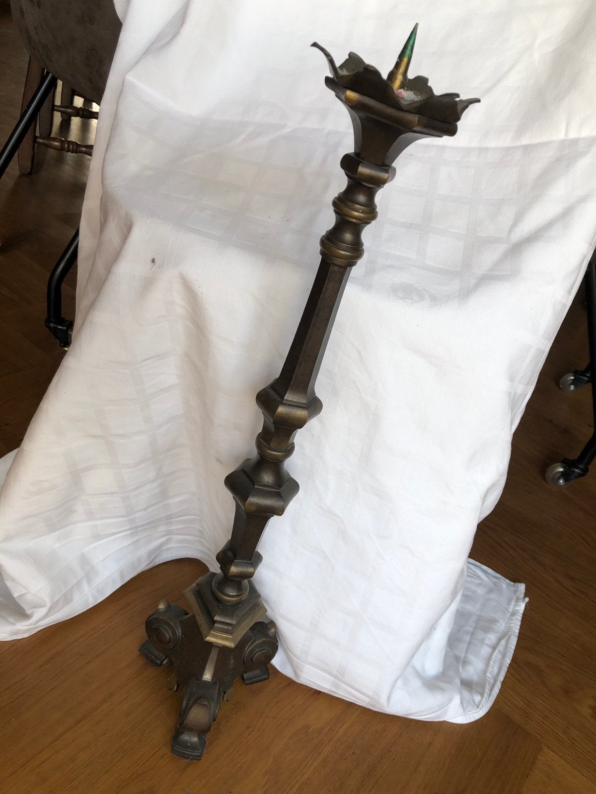 Antieke koperen kandelaar (60 cm hoog), Ophalen of Verzenden, Koper of Brons
