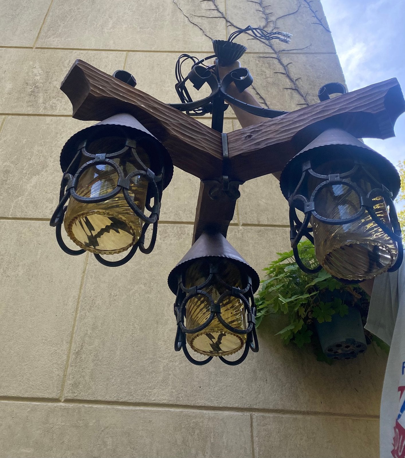 Hanglamp van hout, koper, staal en glas, Ophalen
