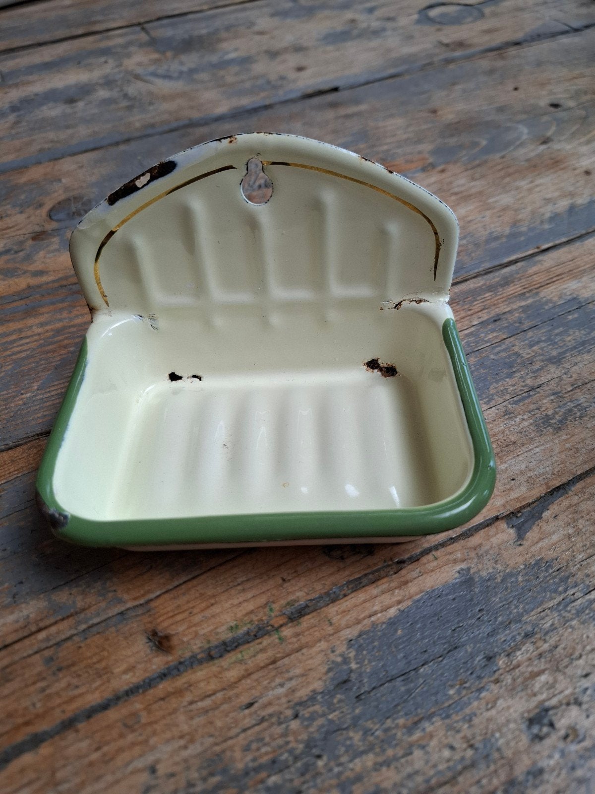 Vintage geëmailleerde zeepbakje - Crème met groen, Ophalen of Verzenden
