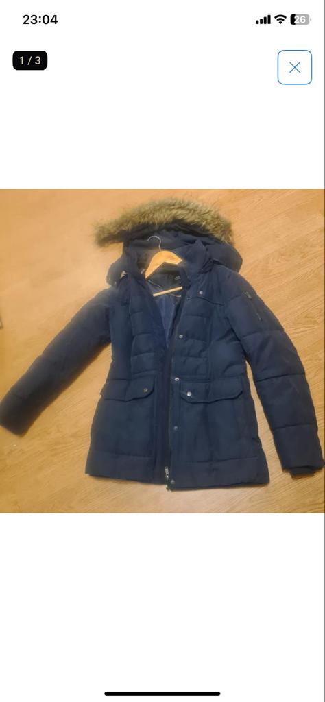 Donkerblauwe winterjas met capuchon van Costes, Ophalen of Verzenden, Gedragen, Maat 38/40 (M), Blauw