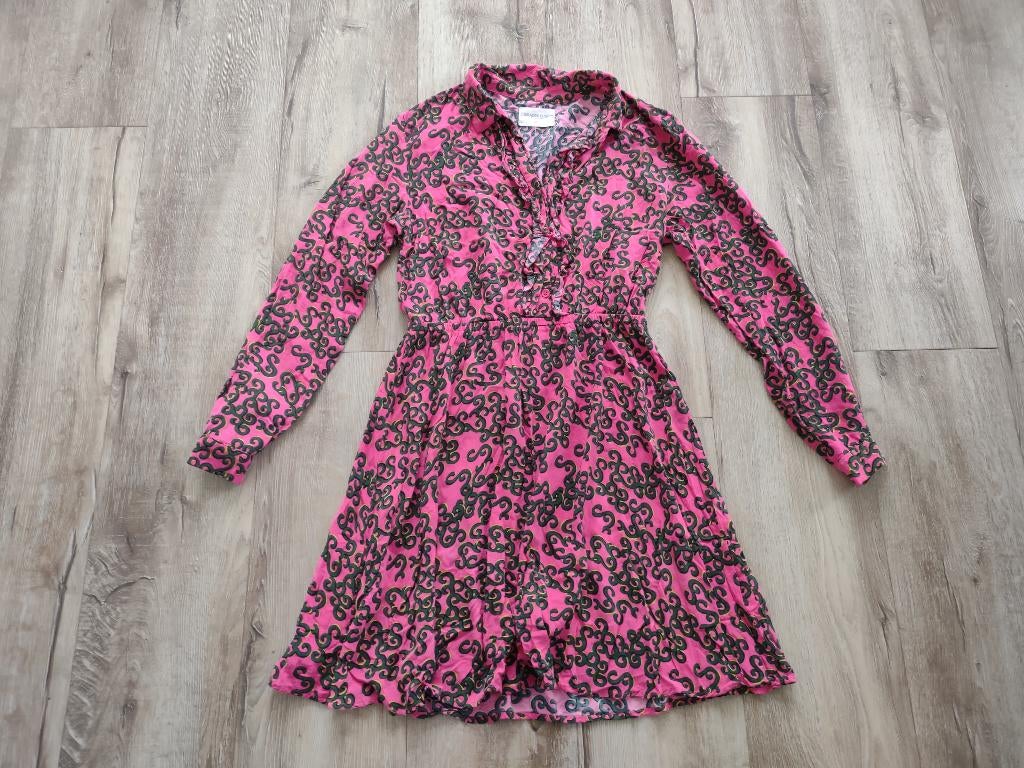 Prachtig roze jurk van Wanderlust, maat XS. Groene details., Kleding | Dames, Jurken, Onb, Ophalen of Verzenden, Maat 34 (XS) of kleiner