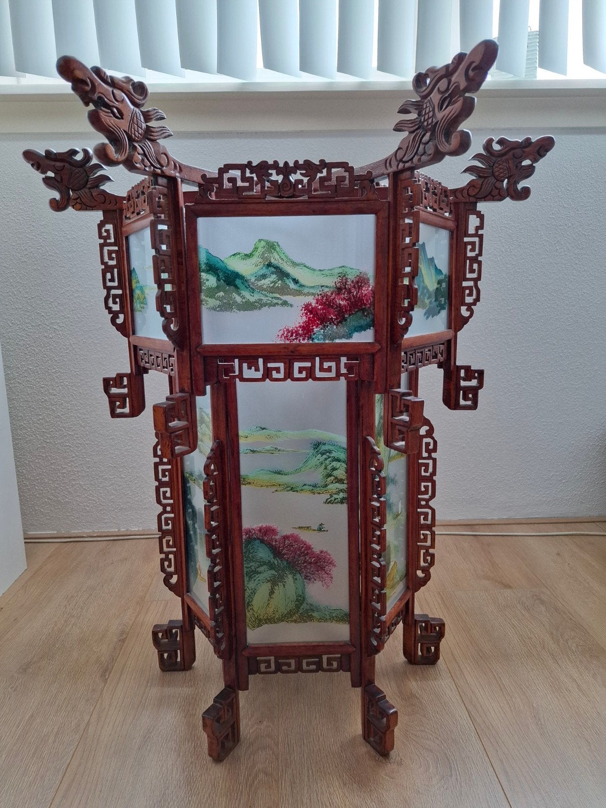 Chinese Rozenhout Hanglamp met Handbeschilderde Panelen, Ophalen of Verzenden