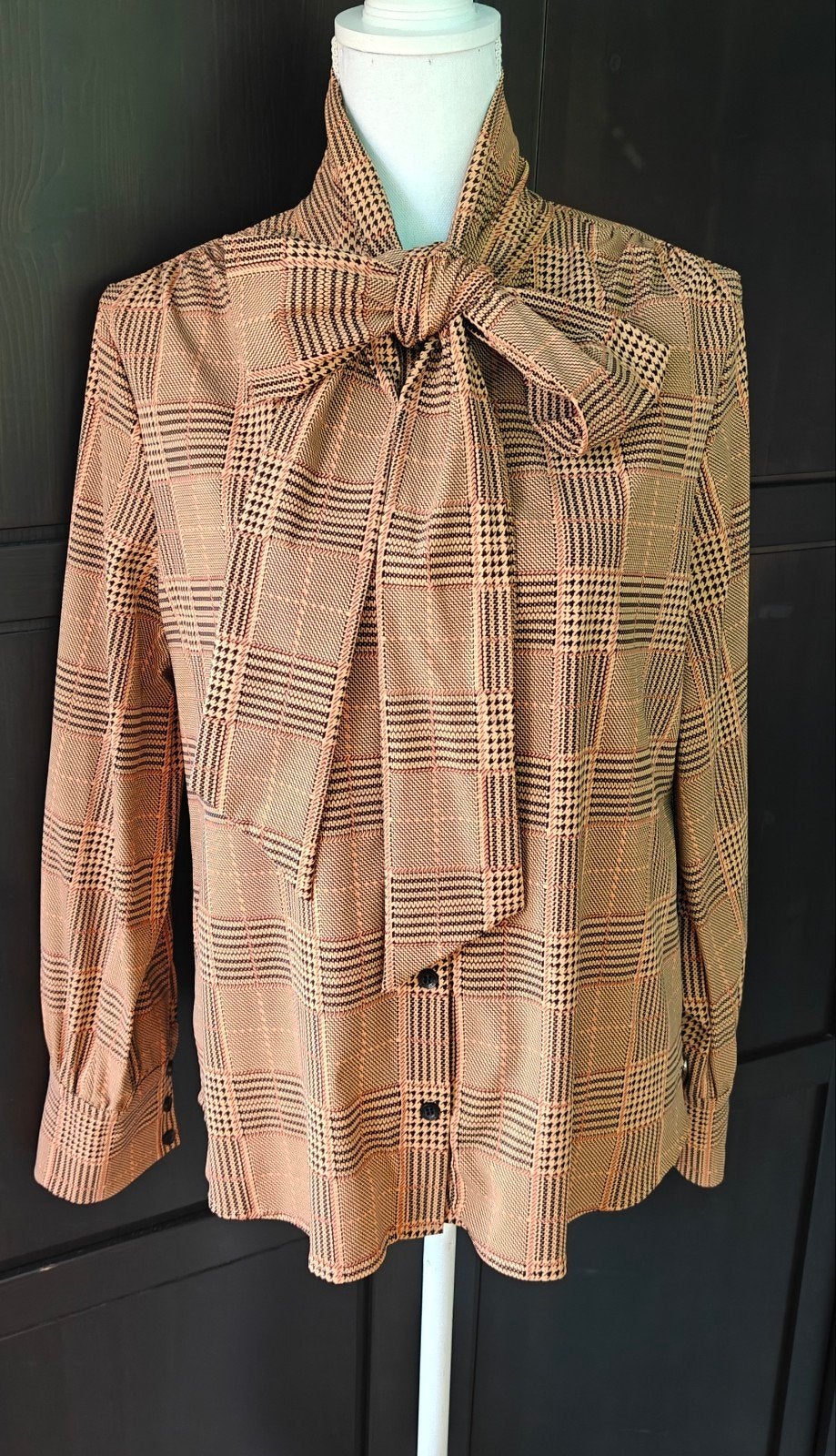 Lady Day camel oranje zwart ruit set blouse strik XL broek L, Lady Day, Beige, Maat 42/44 (L), Ophalen of Verzenden