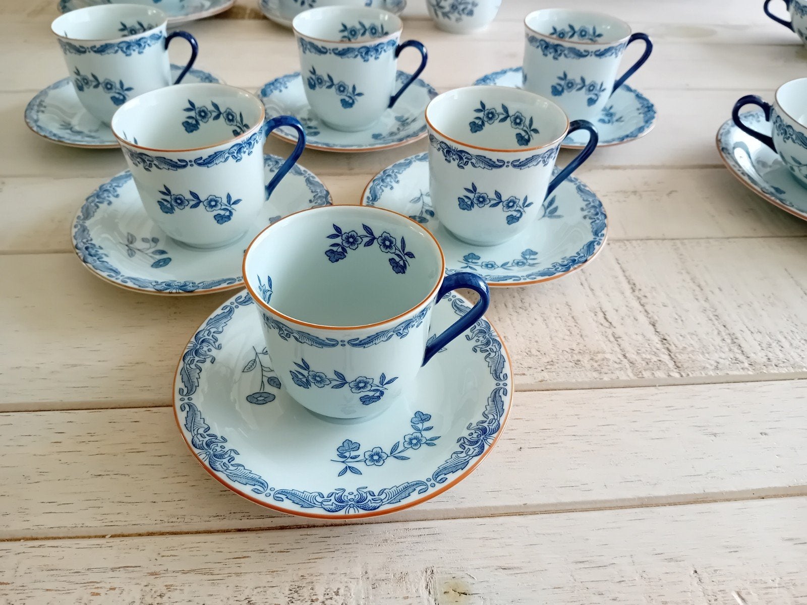 6 hoge porseleinen koffie kop en schotels Rorstrand Ostindia, Ophalen of Verzenden, Zo goed als nieuw, Overige stijlen, Kop(pen) en/of Schotel(s)