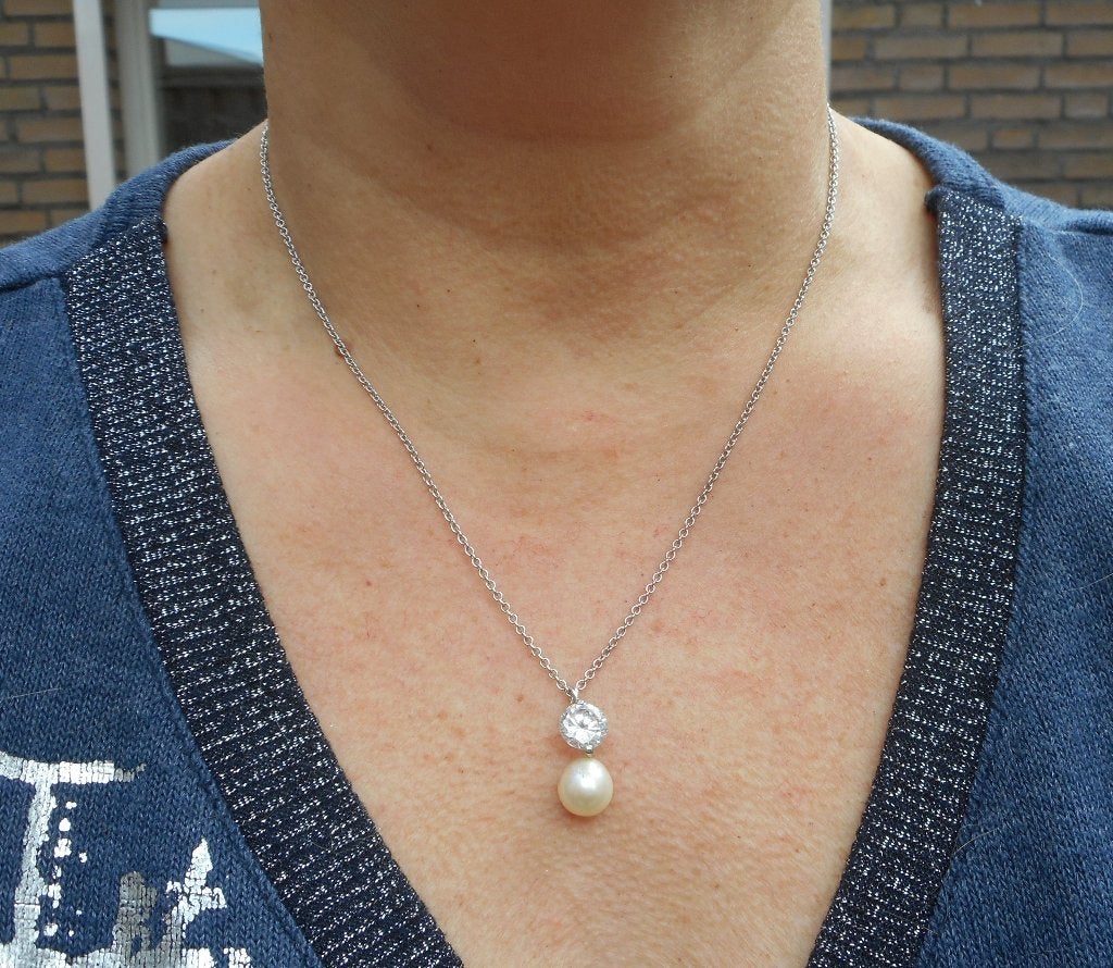 Zilveren ketting met hangertje steen en echte parel nr.598, Sieraden, Tassen en Uiterlijk, Kettingen, Met hanger, Verzenden, Zo goed als nieuw
