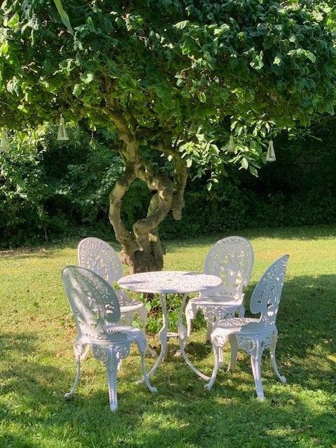 Brocante tuinset, 4 zitplaatsen, Gebruikt, Aluminium, Ophalen of Verzenden