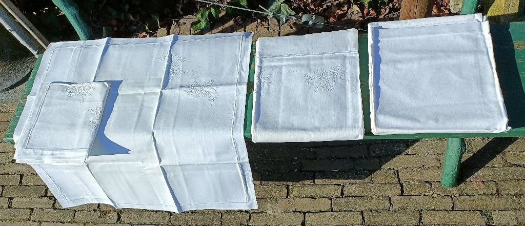 Vintage katoen beddengoed 2x laken 2x sloop borduursel (BG36, Overige typen, Katoen, Tweepersoons, Ophalen of Verzenden