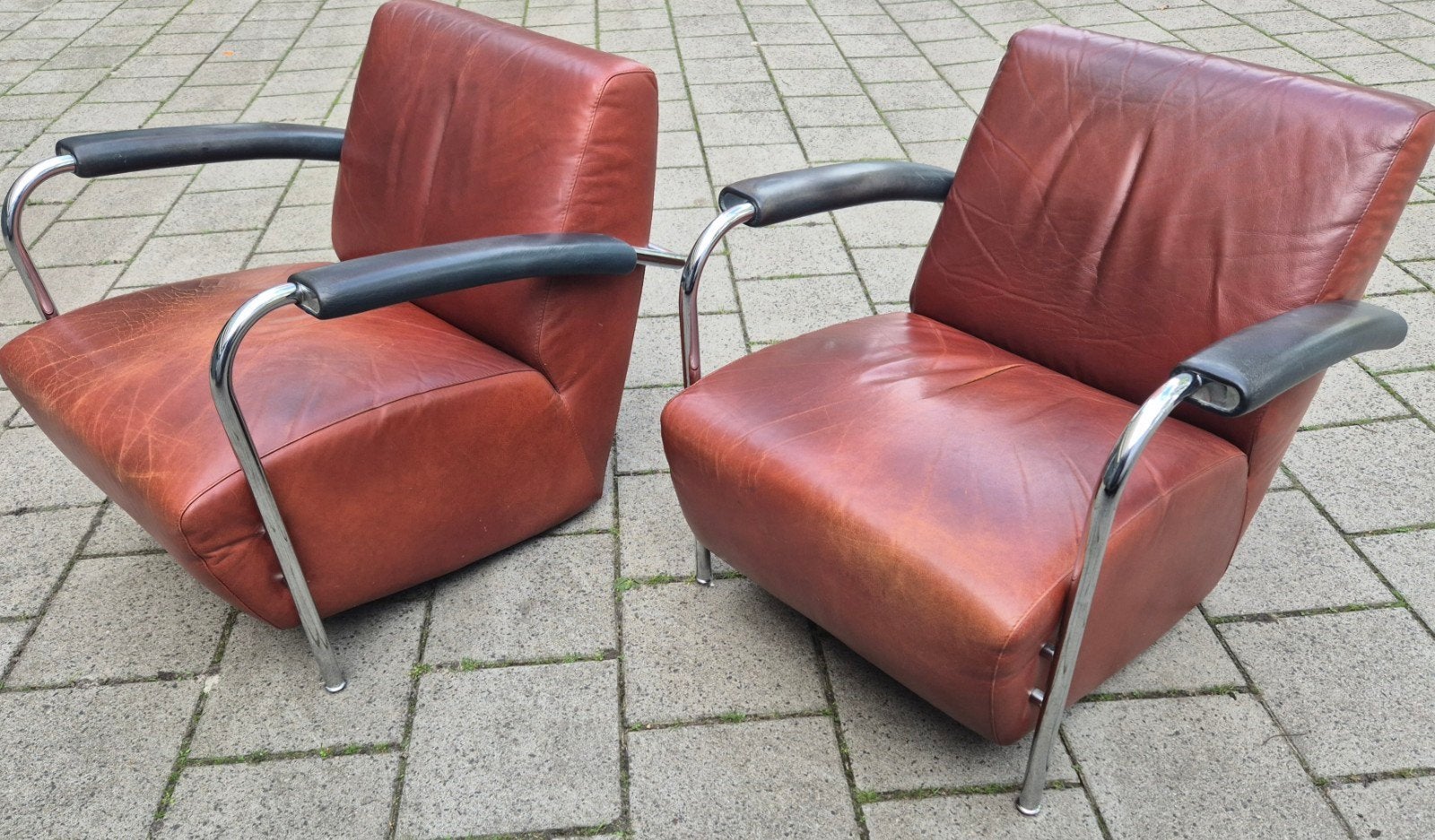Leolux Vintage Retro Scylla design fauteuils in cognac leer, Ophalen, Gebruikt, Vintage retro mancave chesterfield schapenleer stijl