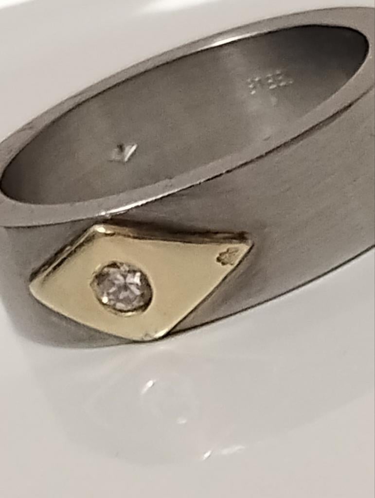 Lemurische ring stainless steel met 585/14k goud en diamant, Ophalen of Verzenden