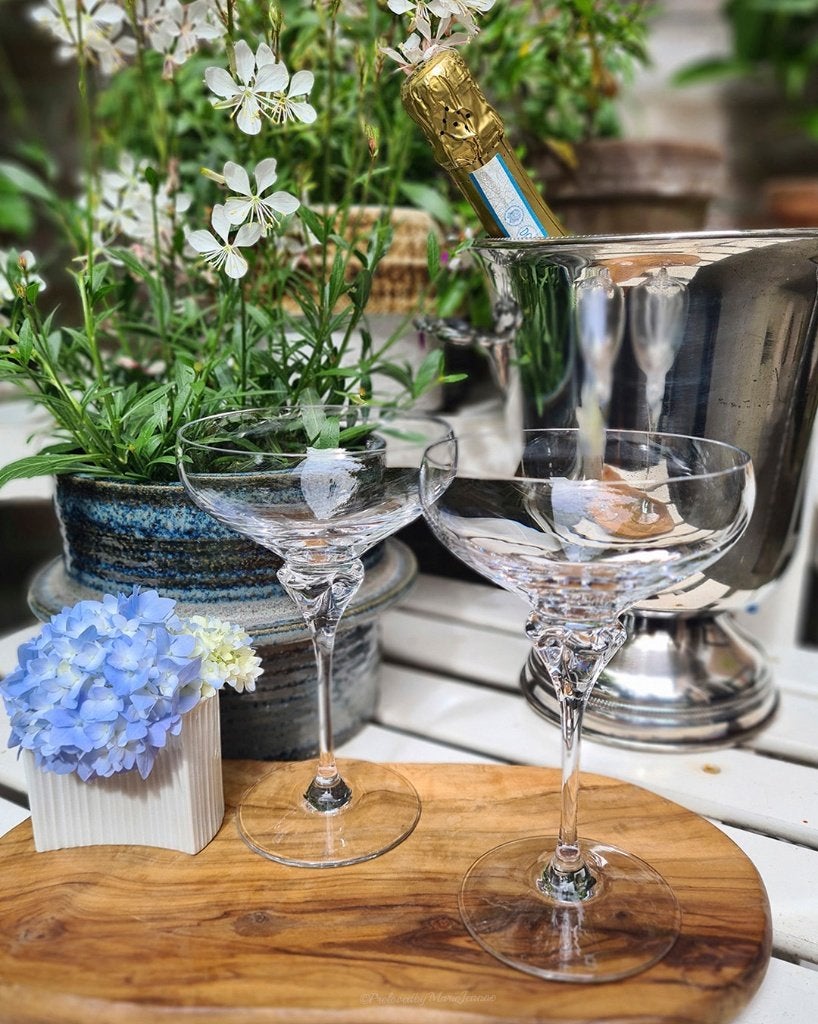 Spiegelau kristal-hoge steel 2 champagne coupes Rialto, Antiek en Kunst, Ophalen of Verzenden