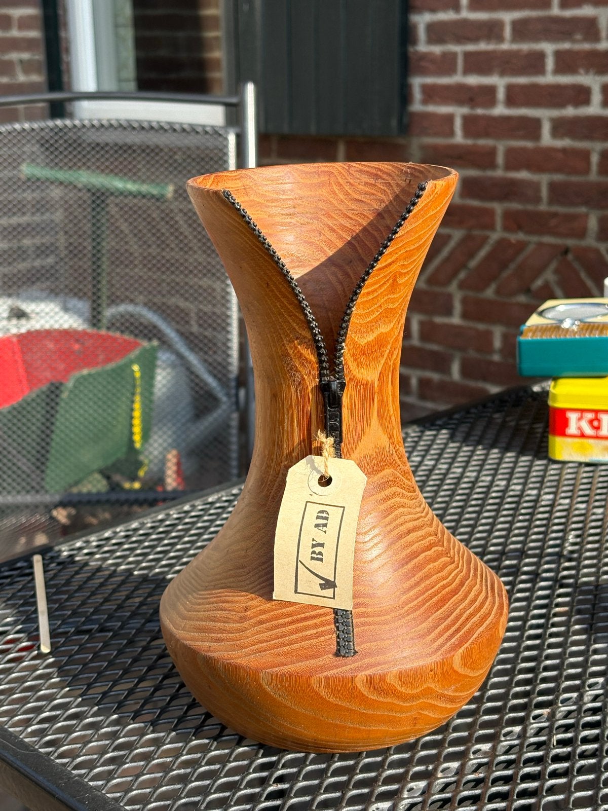 Unieke houten vaas met ritsdetails - Handgemaakt, Ophalen