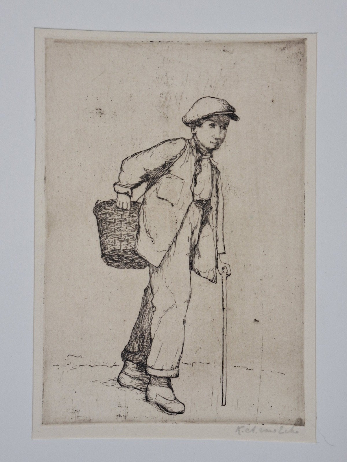 Ets 'Manden Drager' door Karel van Eck, Dagelijks leven, Ets, Ophalen of Verzenden, Gesigneerd
