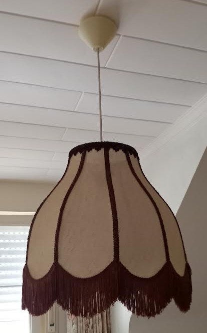 vintage stoffen hanglamp met franjes x2, Ophalen of Verzenden, Gebruikt, Textiel