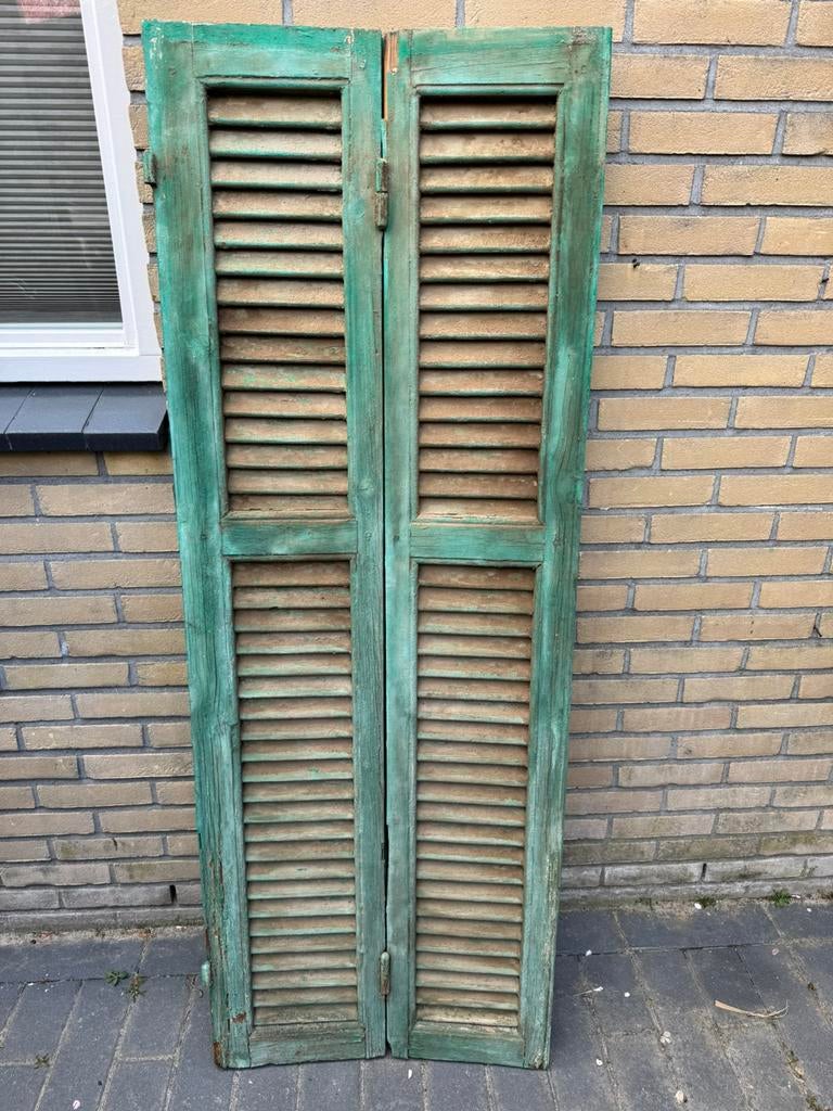 Brocante houten shutters 1.55 cm groen patina, Ophalen