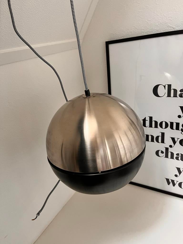 Vintage bol hanglamp - Zwart/Zilver met nieuwe draad, Ophalen, Gebruikt, Metaal, Minder dan 50 cm