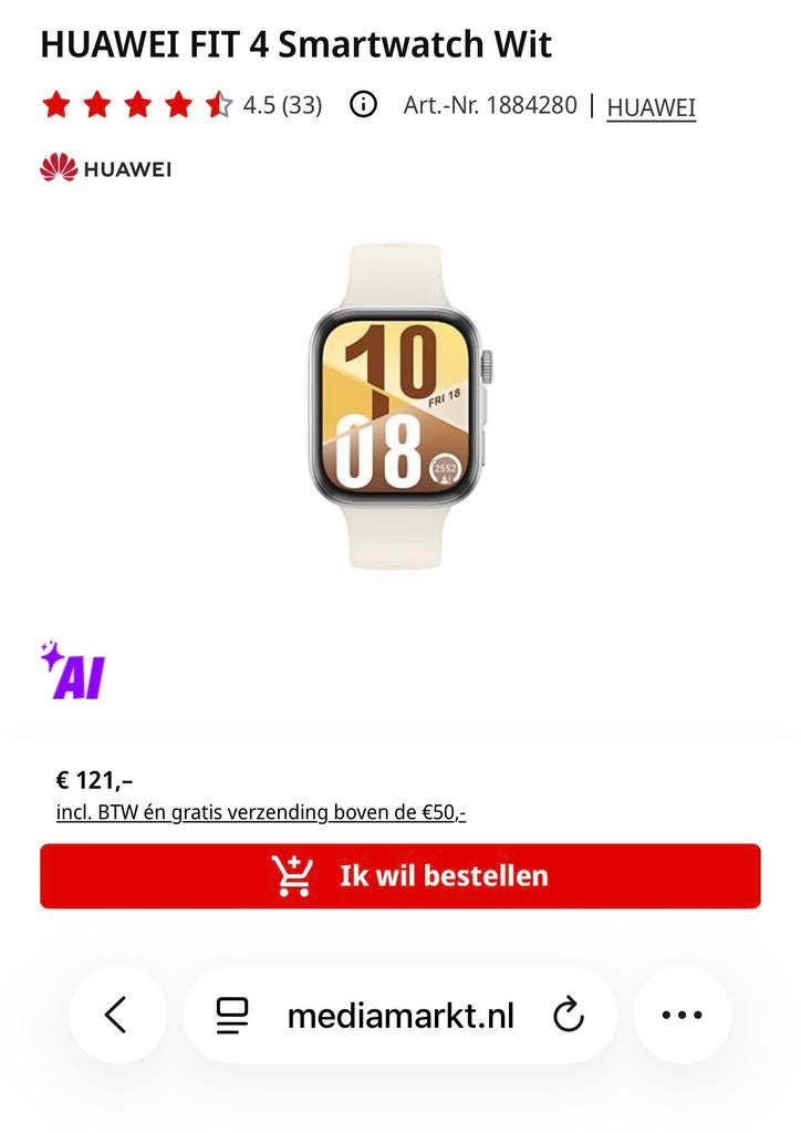 Huaweï fit 4 smartwatch, Ophalen, Zo goed als nieuw, Wit, Android