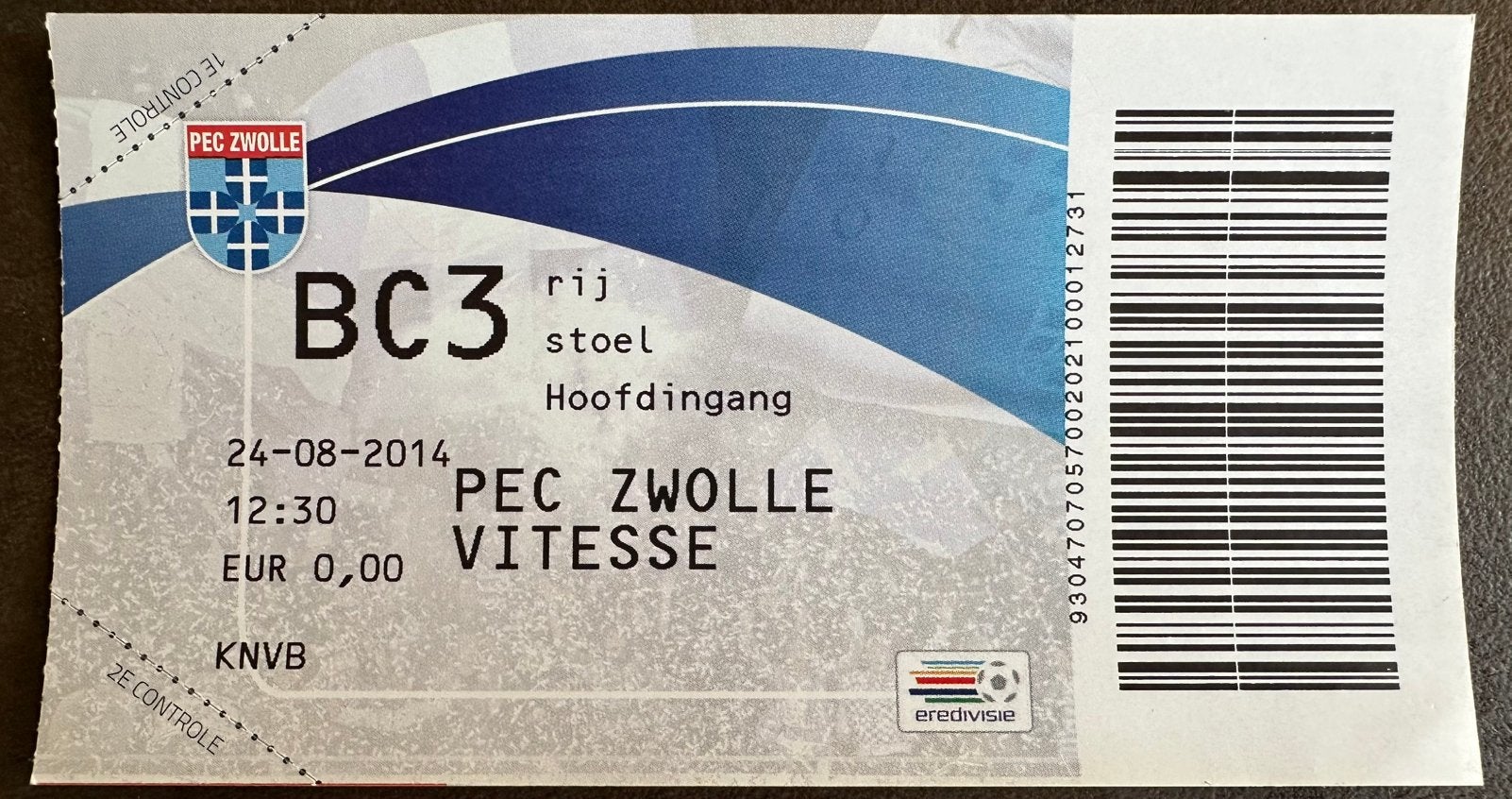 Ticket 14-15 PEC Zwolle - Vitesse, Verzamelen, Verzenden, Gebruikt, Overige binnenlandse clubs, Overige typen