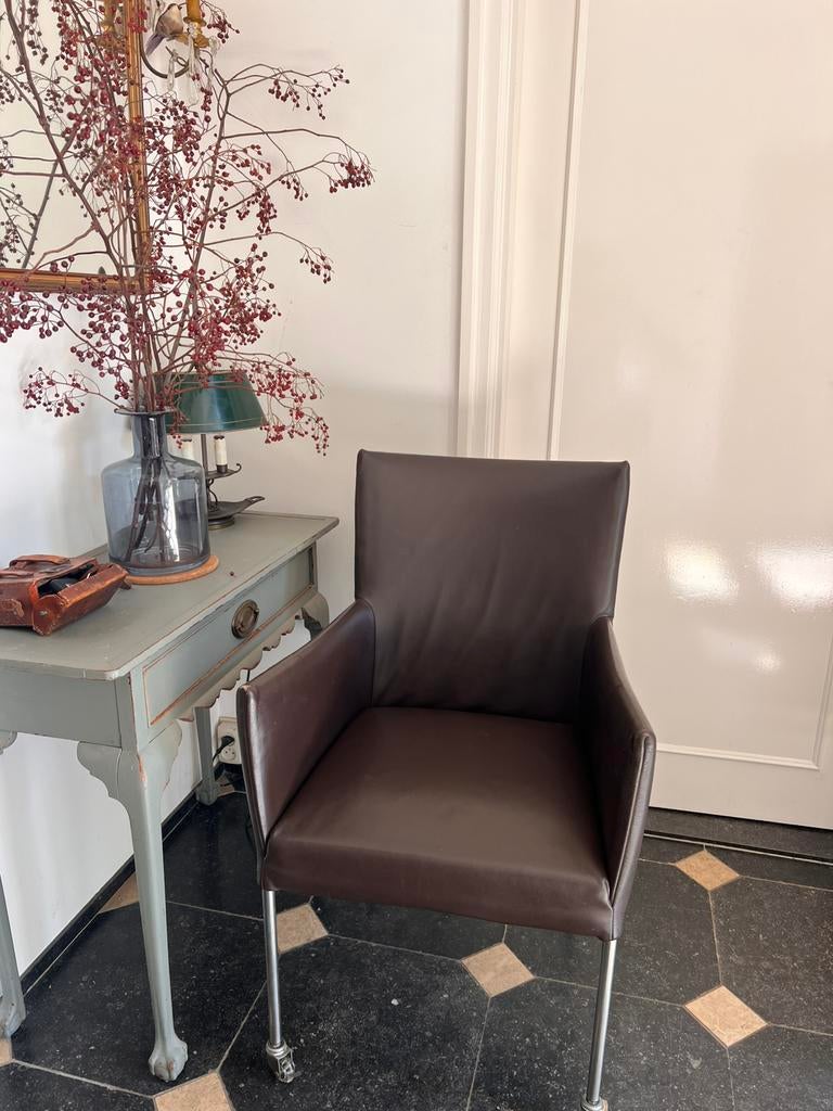 Bert Plantagie 6 leren eetkamerstoelen, Ophalen, Gebruikt, Bruin, Leer