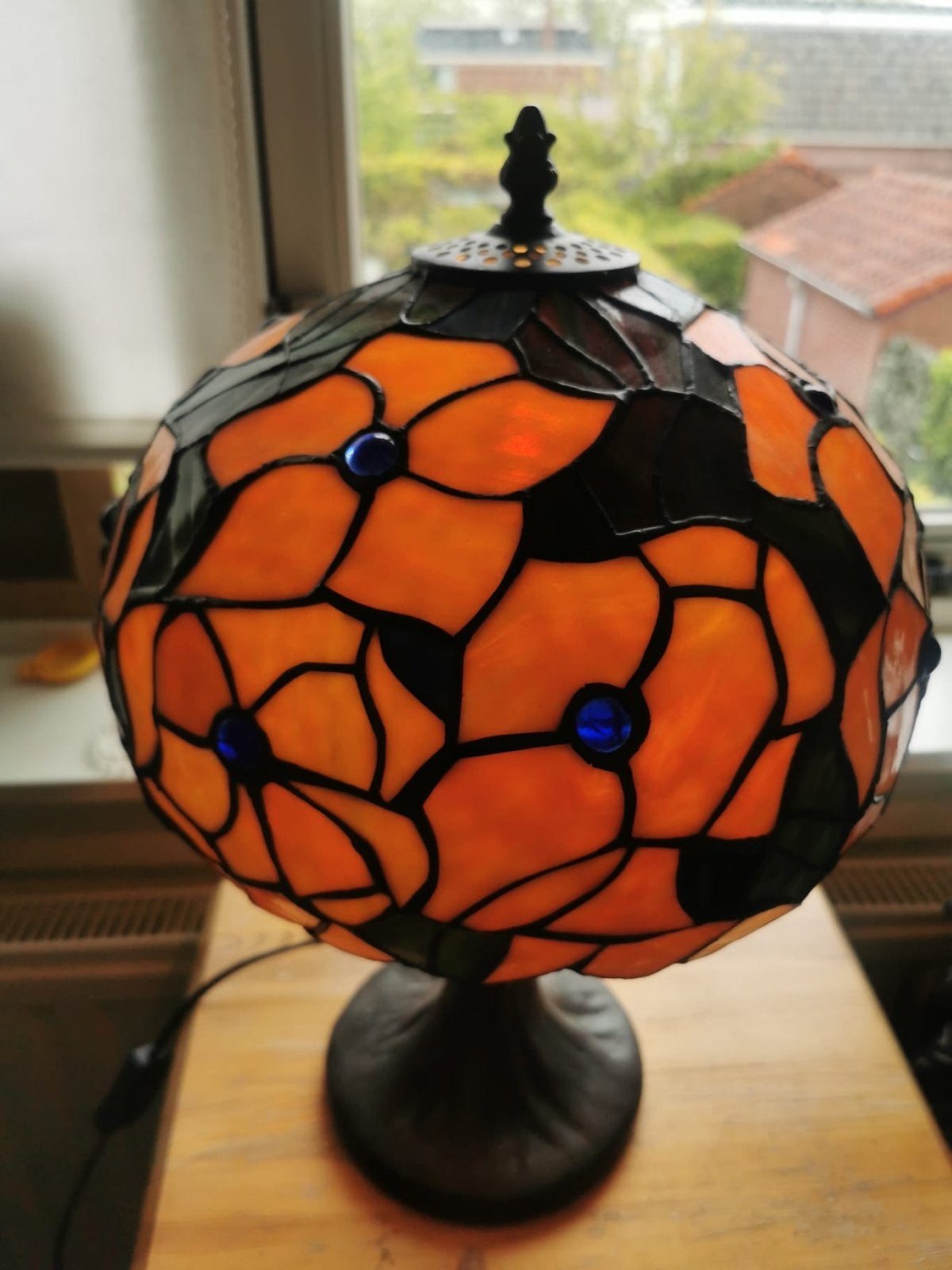 Prachtige Tiffany Tafellamp met Oranje Bloemen, Gebruikt, Tiffany lamp, Glas, Tiffany Style