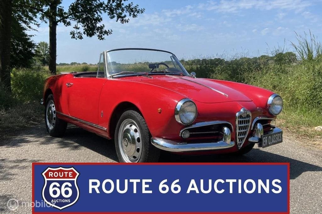 Alfa Romeo Giulietta Spider | 1961 | Route 66 Auctions, Auto's, Oldtimers, Overige carrosserieën, Zwart, Bedrijf, Handgeschakeld