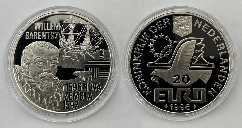 Zilveren 20 Euro NL - Willem Barentz - Nova Zembls, Ophalen of Verzenden, Overige landen