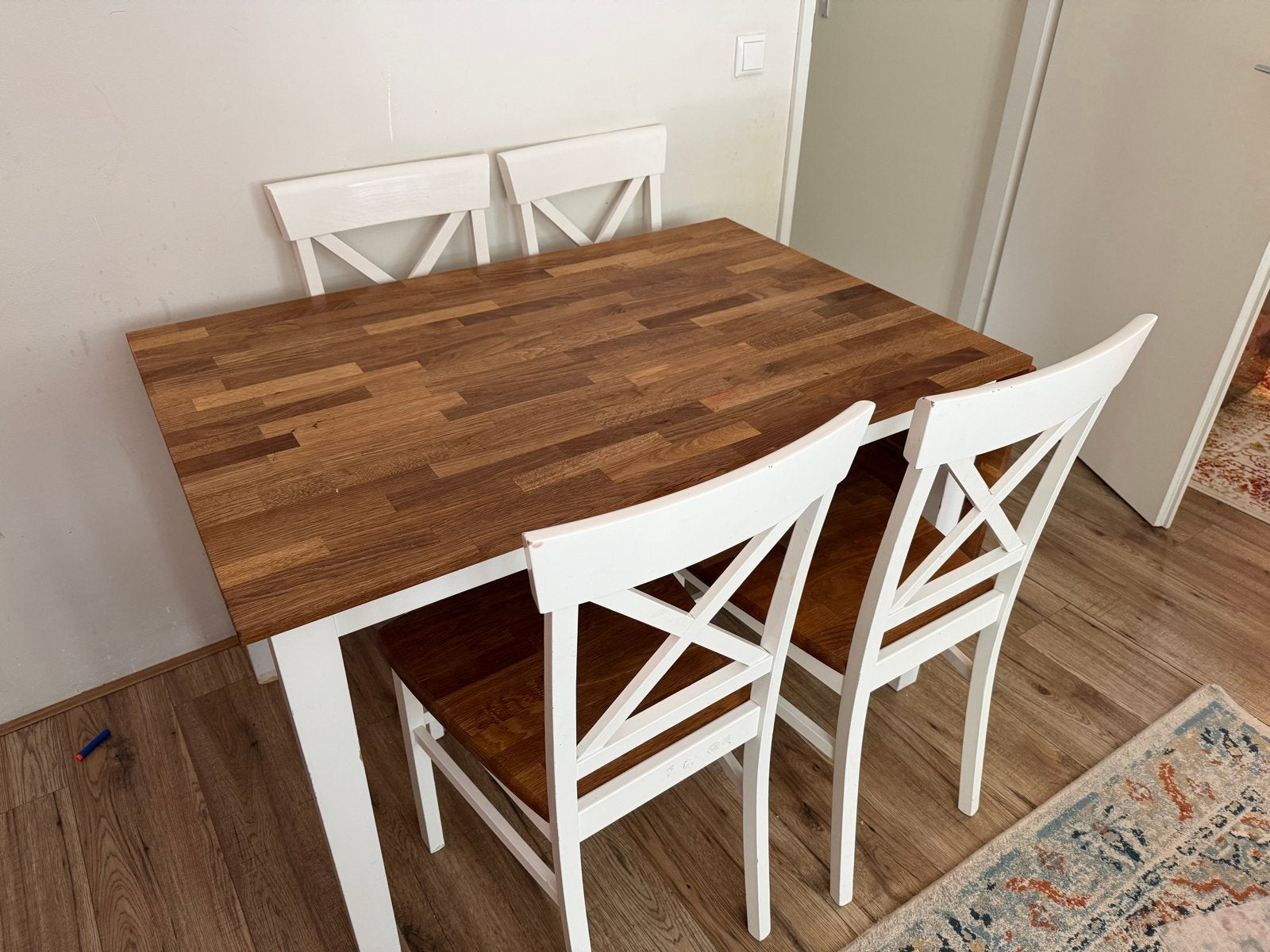 Eettafel 120x80 cm met 4 stolen, Ophalen, Gebruikt, 100 tot 150 cm, Eikenhout