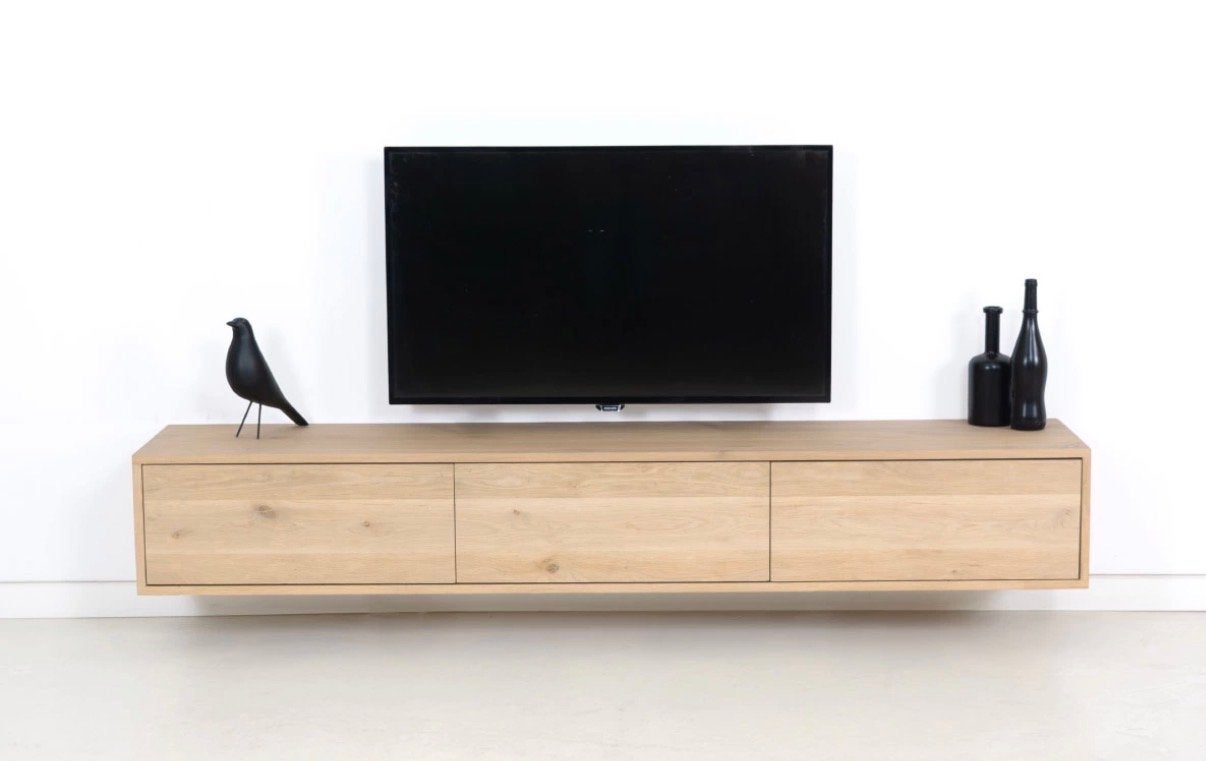 Zwevend TV-meubel van eikenhout met 3 lades, 150 tot 200 cm, Eikenhout, Ophalen of Verzenden, Zo goed als nieuw