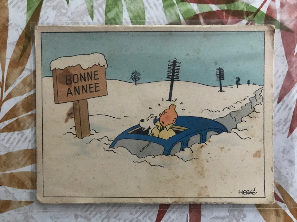 Kuifje Tintin Sneeuwkaart Herge Castermans 1942 2e WO, Ophalen of Verzenden, 1940 tot 1960, Gelopen, Overige thema's